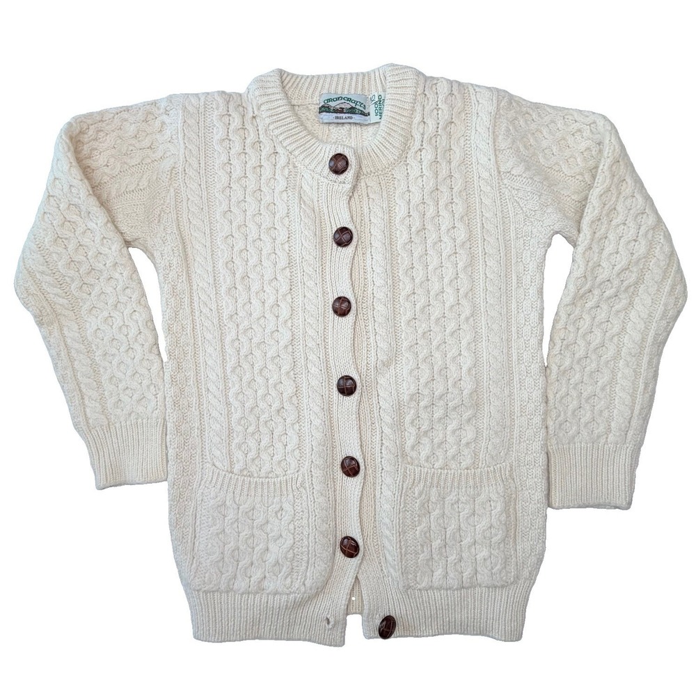 Aran Crafts Ireland Womens Small 100% Merino Wool Cable Knit Cardigan Cream